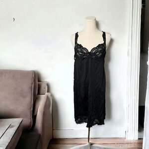 Vintage nylon and lace black slip  dress 38/L